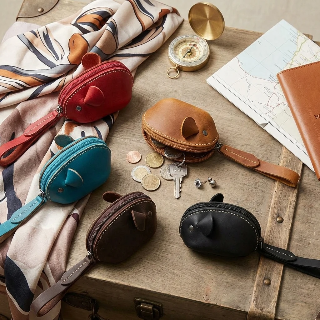 Genuine Leather Zippered Mouse-Shaped Coin Purse. A handcrafted, full-grain leather coin purse featuring a mouse design and a zi
