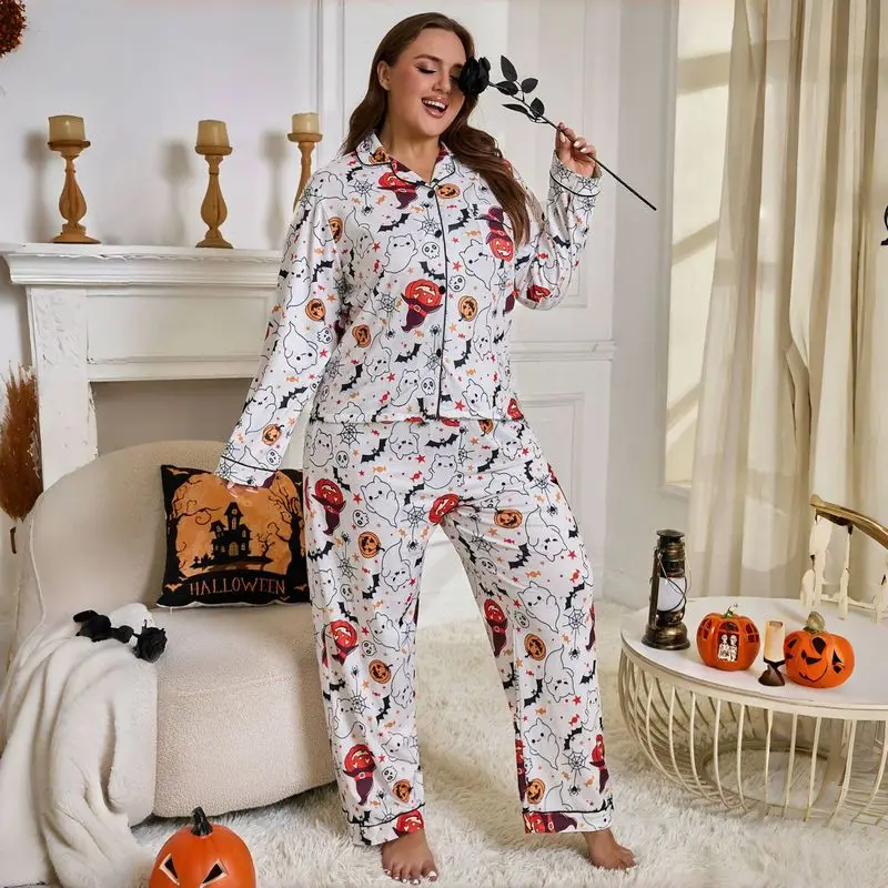 2 Piece Women‘s Halloween Pajama Set | Plus Size Open Front Cardigan Style | Long Sleeve & Long Pants Soft Breathable Relaxed Fi