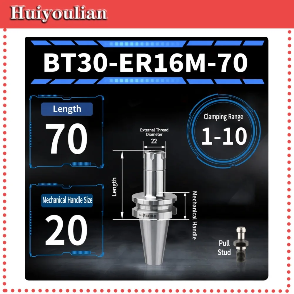 BT30-ER16M CNC Collet Chuck Holder 70mm Length 1-10 Clamping Range Milling Tool Holder Free Pull Stud