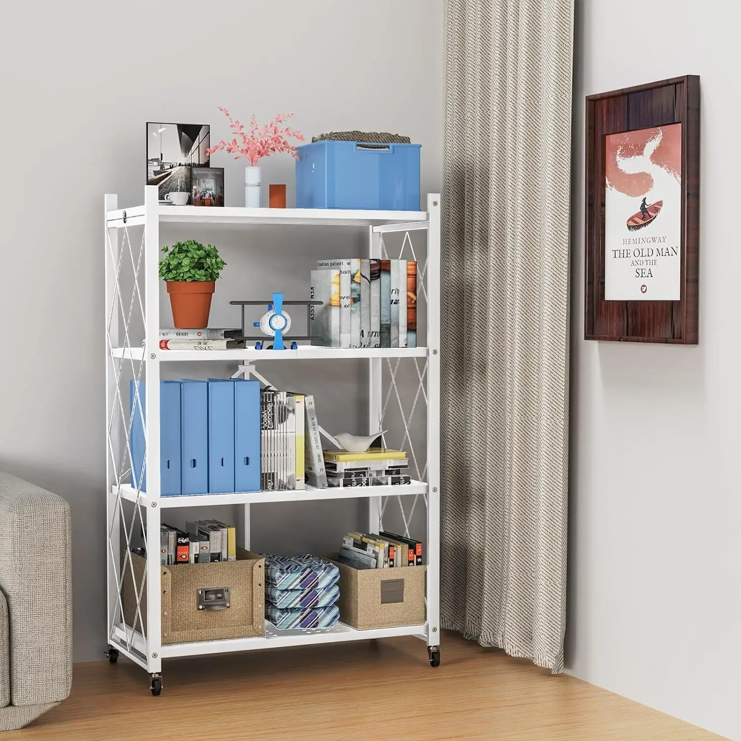 4-Tier Foldable Storage Shelf with Wheels - Metal Collapsible Shelving Unit Display, Rolling Cart for Books Kitchen Storage