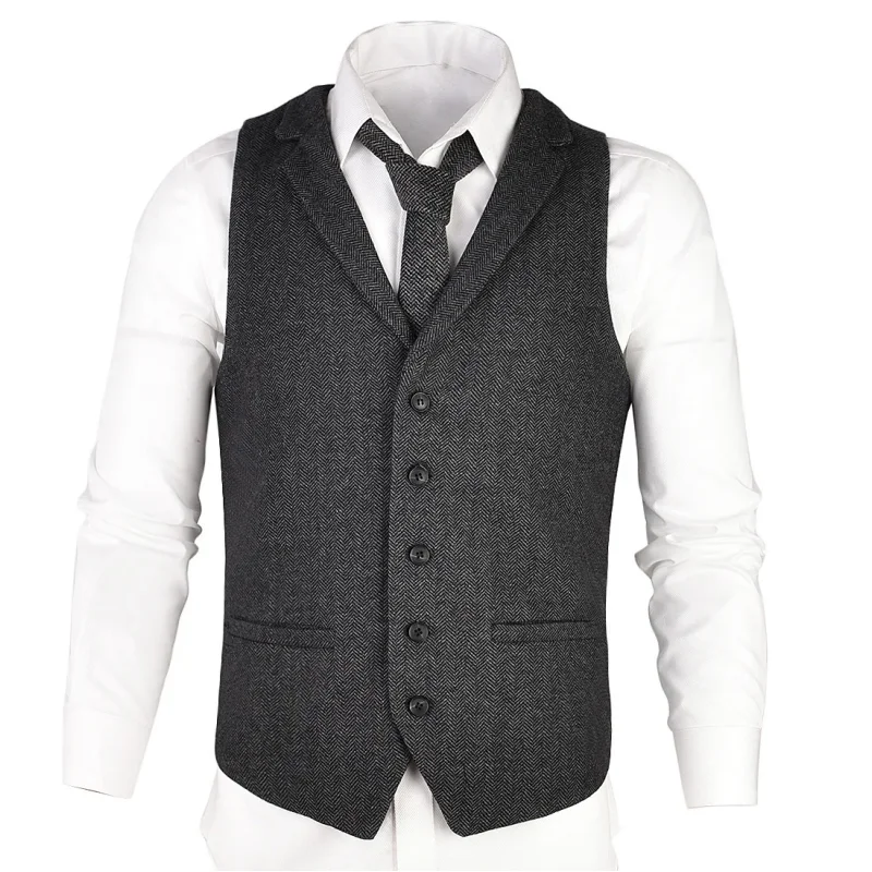 

Men Suit Black Herringbone Tweed Blend Collar Waistcoat Fit Wedding Groomsmen Temperament Slim Men Vest