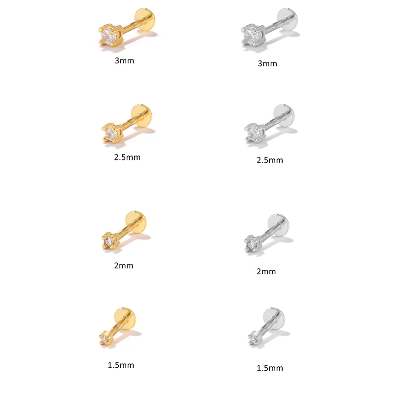 AIDE 2/3/5MM S925 Silver Labret Lip Cartilage Tragus Zircon Stud Earring Woman Piercing Earring Brinco Femme Jewelry Gift 1pcs
