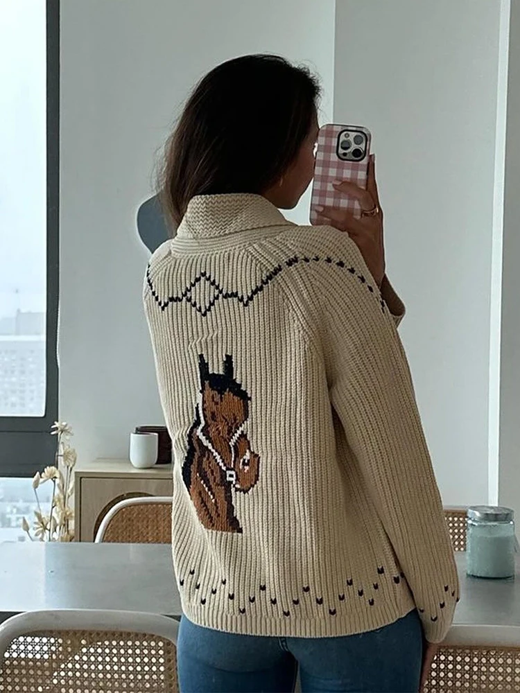 Vintage Western Pferdemuster Strickjacke für Damen Boho Langarm Offene Vorderseite Grober Pullover Retro Reitsport Strickoberbekleidung – Detail 6