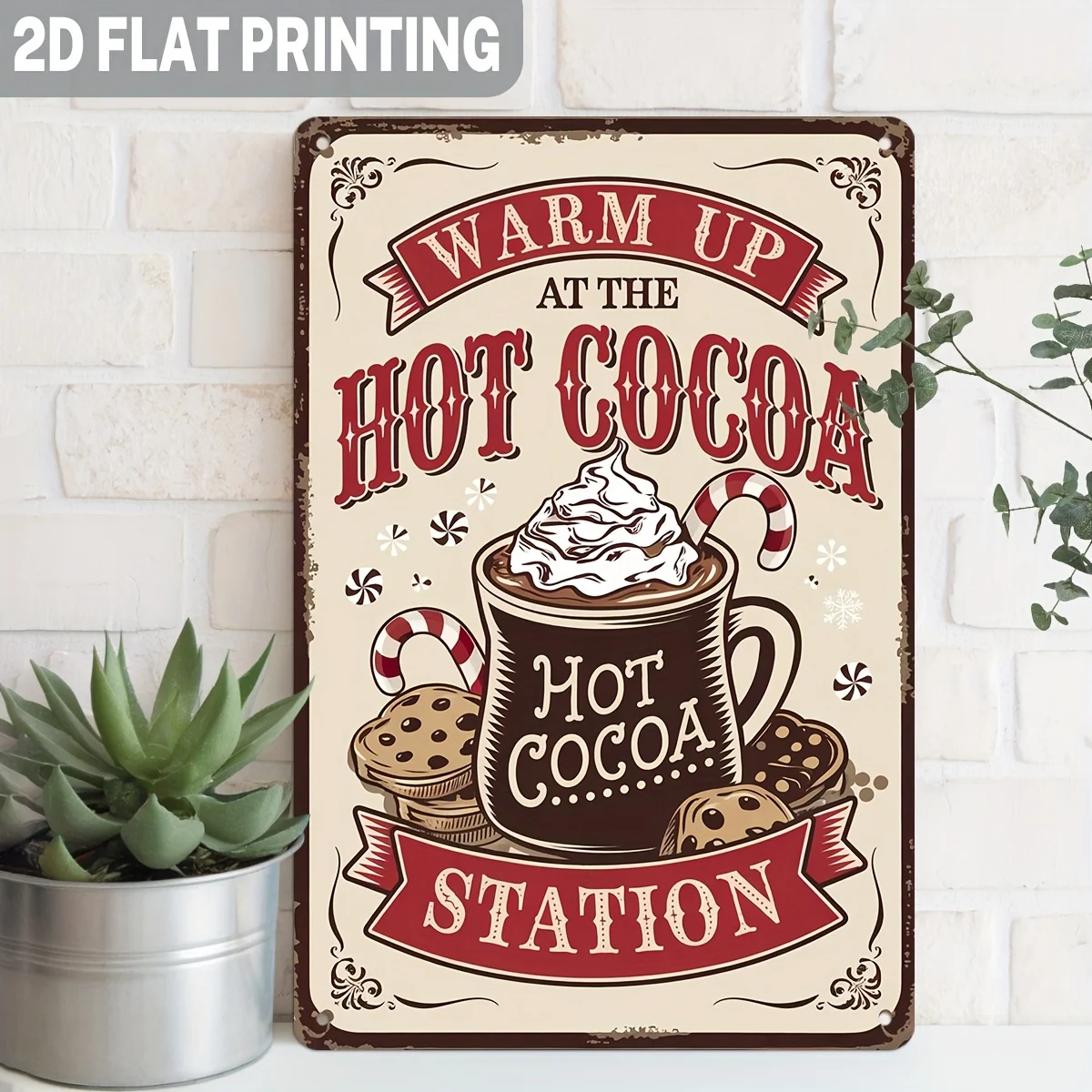 Letrero Metálico de Pared 2D Plano - 8.0X12.0 pulgadas - Estación de Chocolate Caliente Vintage - Arte Retro de Diner para Temática de Chocolate Caliente, Decoración de Cocina de Hierro Plano
