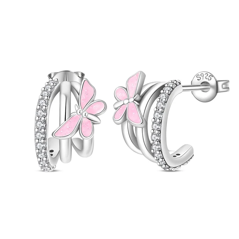 

New 925 Sterling Silver Pink Butterfly Studs Earrings Fashion Simple Design Earring For Woman Lucky Jewelry Valentine's Day Gift
