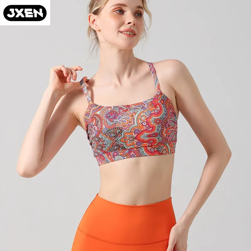 Terno de ioga impresso JXEN para mulheres, crop top, à prova de choque, beleza sutiã pad, esporte