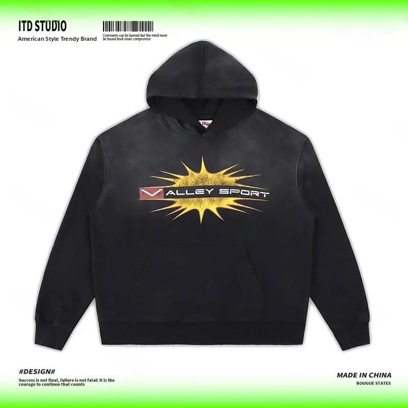 Valley Series Retro Gold Explosion Slogan Print Worn Hoodie Casual Loose Fit Long Sleeve Unisex Sweatshirt Streetwear