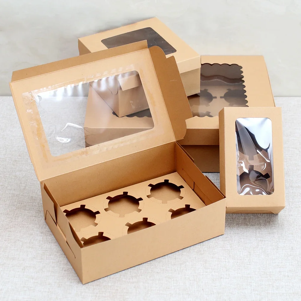 10Pcs Kraft Paper Cupcake Packing Box with Window Cardboard Cake Muffin Cookies Candy Box Wedding Party Birthday Favors 4 Sizes