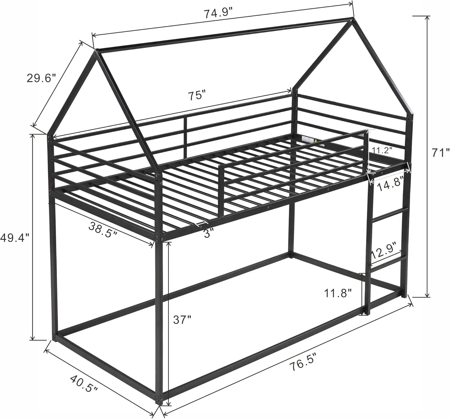 Merax Modern Twin Over Twin Junior Metal Floor Bunk Bed With Ladder House Shaped Bunk Bed Frame For Kids Boys Girls,