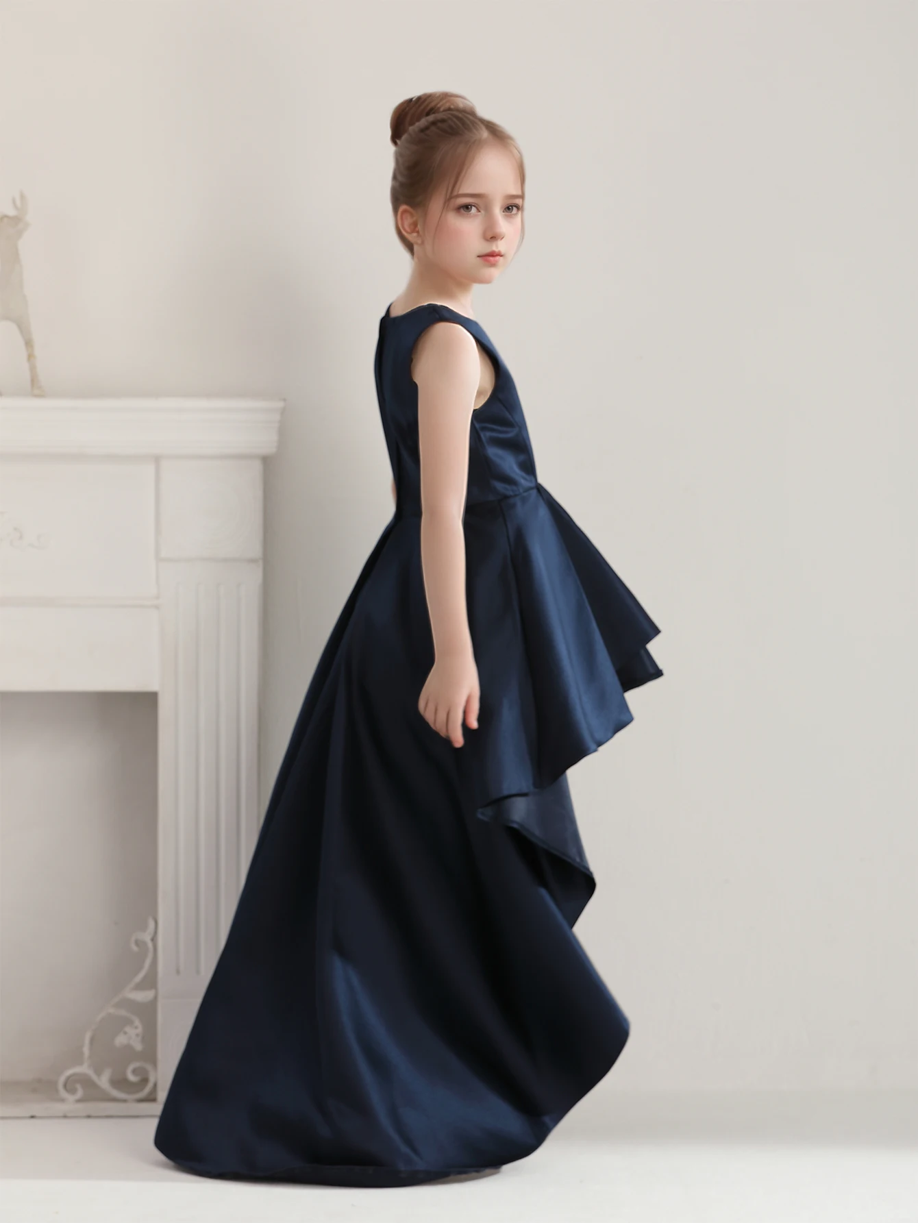 Teen Girls Tuxedo Dress Wedding Party Royal blue Short Front Long Back Bridesmaid Dress