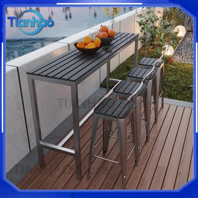 Plastic Wood Bar Table and Chairs Set for Outdoor Use for Open-Air Balcony Against Wall Anti-Corrosion High Combination