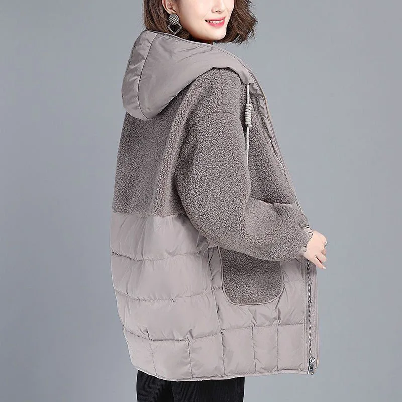 Women Padded Jackets Autumn Winter Hooded Outerwear Loos Down Cotton Jacket Mid-Length Lamb Wool Thick Coat Female