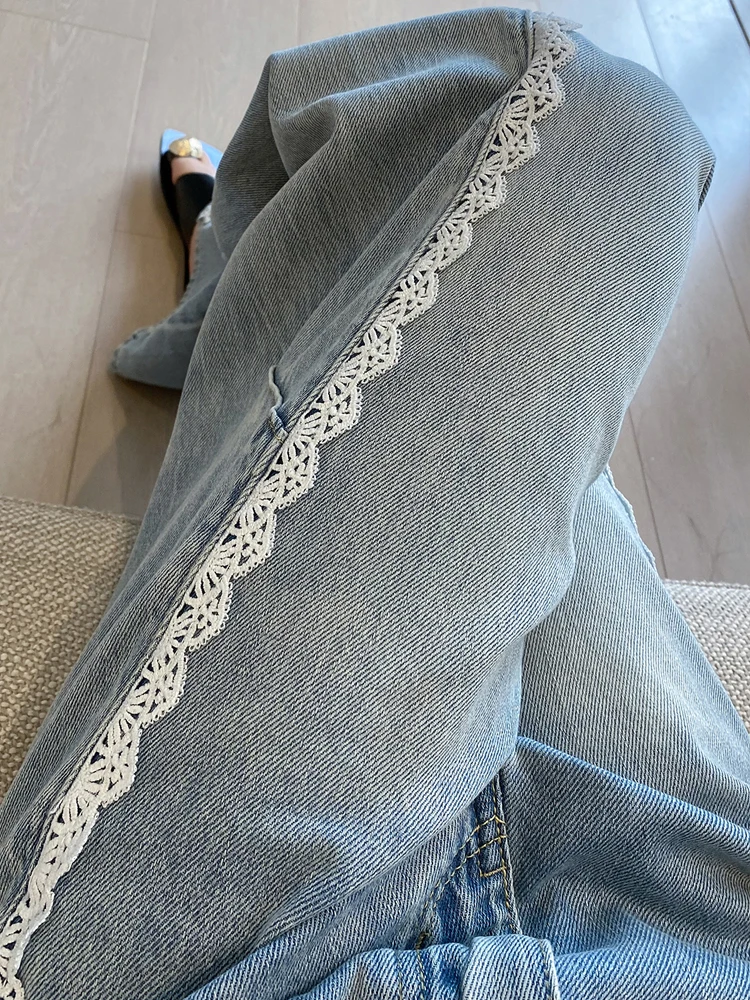 Pantalones vaqueros de pierna ancha de encaje Retro para mujer, pantalones de cintura alta de diseño de verano, pantalones vaqueros de corte recto hasta el suelo, pantalones informales de mezclilla