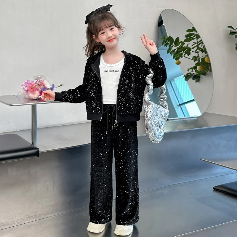 

Girls Coat +Pants Kids Suits 2PCS/Set Cotton 2024 Sequin Spring Autumn Cotton Tracksuit School Suits Christmas Gift Children Clo