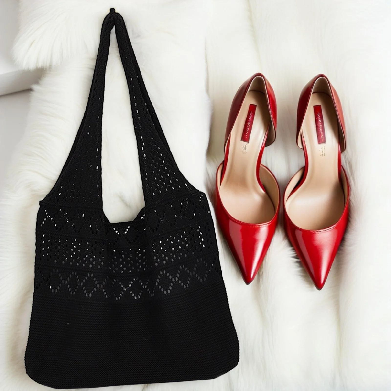 1 قطعة محبوك حبال جوفاء امرأة سوداء خفيفة الوزن حمل الكتف امرأة تصميم جوفاء حقيبة يد محبوك حقيبة البوليستر