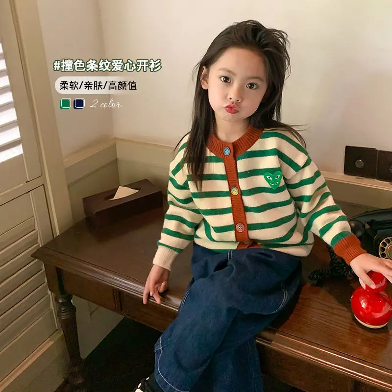 

Children's Knit Cardigan Spring and Autumn Girls' Striped Sweater Coat 2022 New Baby Girl Autumn Clothing Top