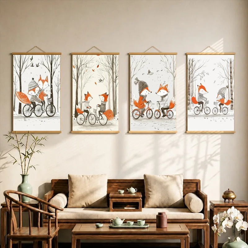 Kawaii Room Decor Fox Friends Riding Bicycles through Winter, Pearlescent Canvas Hanging Scroll for Childrens Bedroom Wall Decor