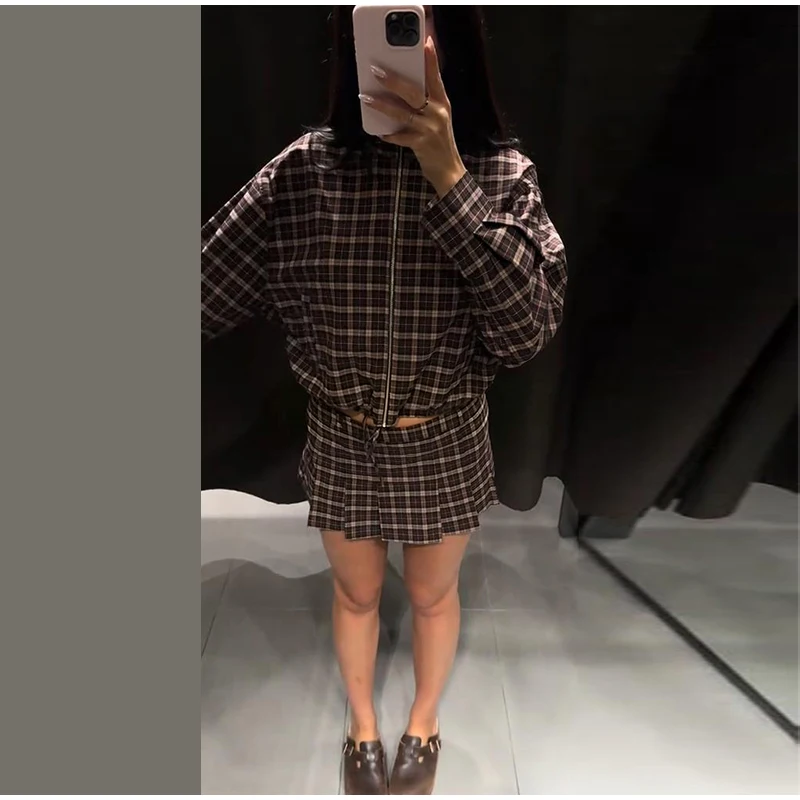 Damen-Culottes-Sets, karierte, langärmlige, übergroße Mäntel mit Stehkragen, plissierte Miniröcke, Herbst-Outfit für Damen, lockeres, paneliertes Outfit, Neu – Detail 9