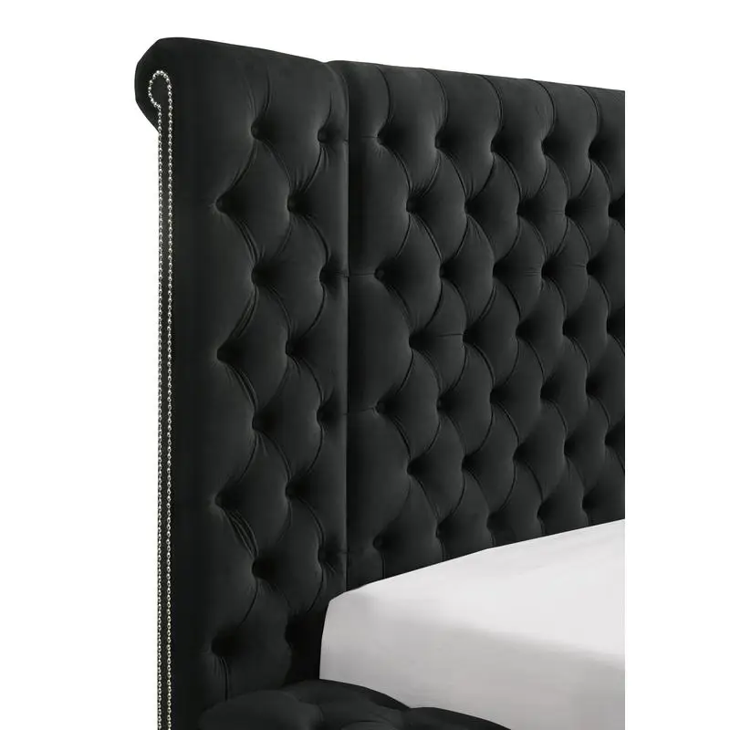 سرير كوين أسود معاصر مع لوح رأسي منجد ومقصورات تخزين متعددة - غرفة نوم خشبية أنيقة #5