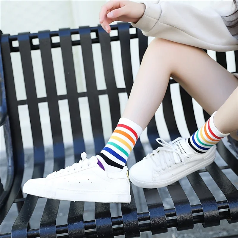 Harajuku Style Unisex Socks With Rainbow Stripes Hipster Skateboard Soft Mid-Tube Crew Dropship