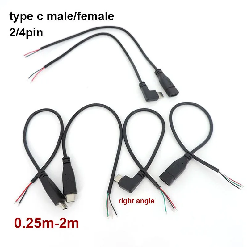 0.25-2M 2/4 core pin wire USB 2.0 Type C Male female elbow Cable Connector right angle Plug DIY Repair data Charging cord o