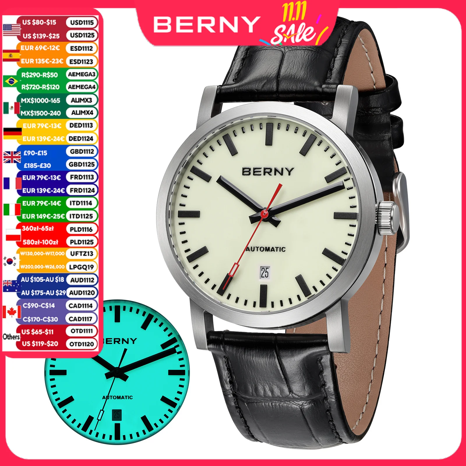 BERNY Automatic Watch for Men Bold Line Easy Read Dial Luxury Sapphire Supper Luminous Mechanical Calendar 5ATM Men's Watches