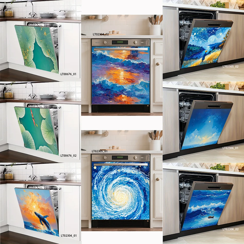 Van Gogh Style Dishwasher Decal, Starry Night & Ocean Wave Art, Waterproof Removable Kitchen Decor