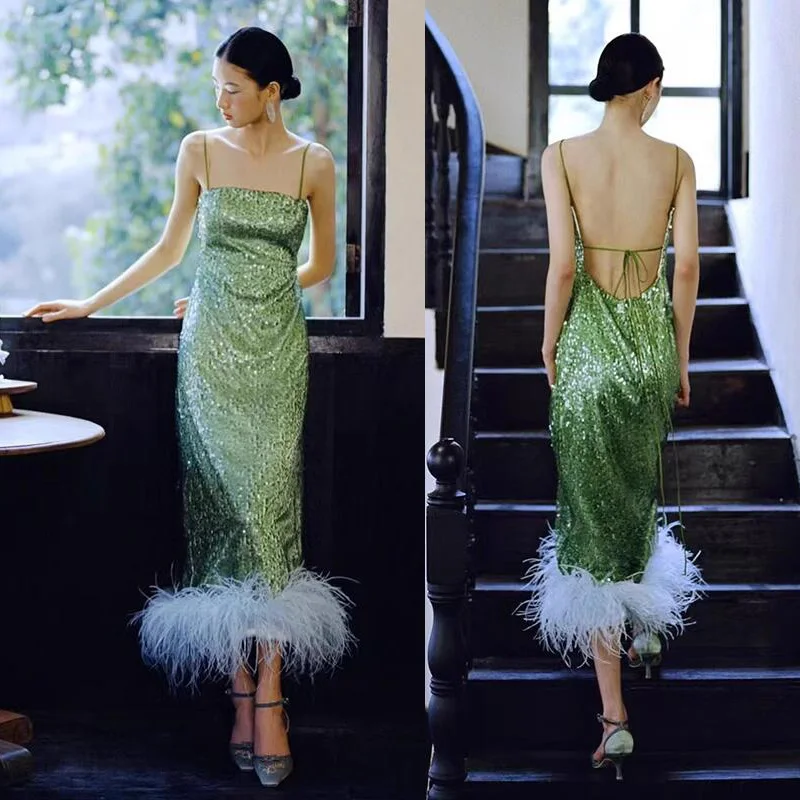 

It's Yiiya Green Strapless Ankle-Length Sequins Backless Mermaid Sleeveless New Luxurious Formal Dress Dress Woman Party A2903