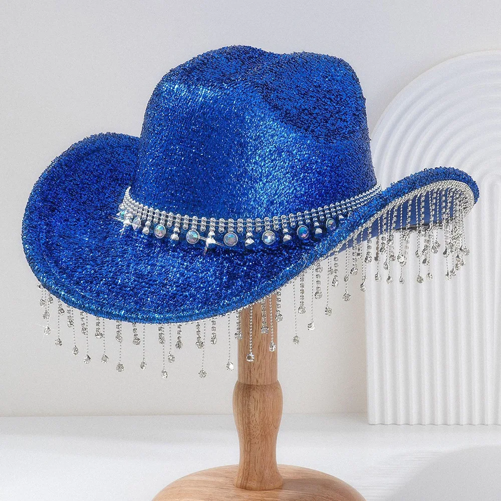 Unisex Wide-Brim Hat - Unique Jazz Cowboy Hat with Tassel & Crystal Belt, Wedding Engagement Hat