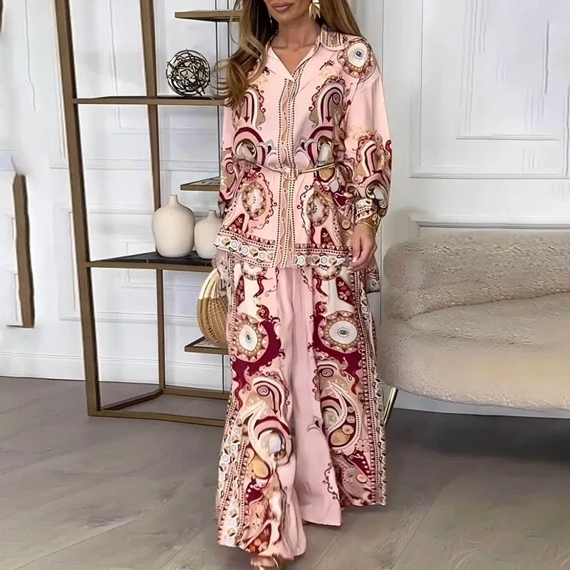 Women Chic Outfit 2025 Elegant Button Long Sleeve Blouse Tops&Wide Leg Pants Suit Elegant Floral Print Pleat Bohemian Two Piece