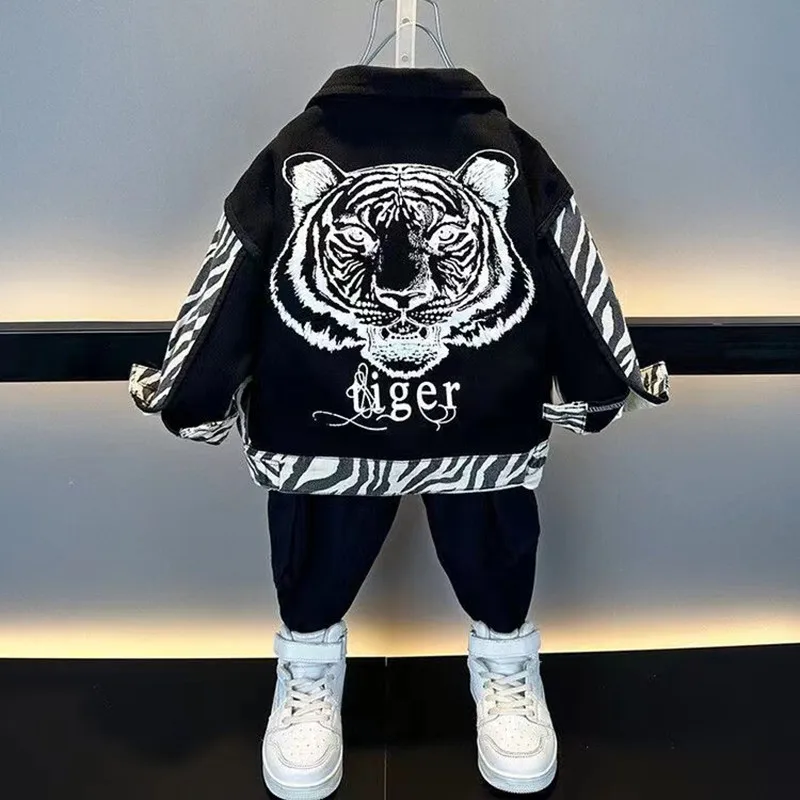 Boys Spring and Autumn Coat 2024 New Boys Fashion Jacket Children\'s Cartoon Tiger Patchwork Top Boys Jacket