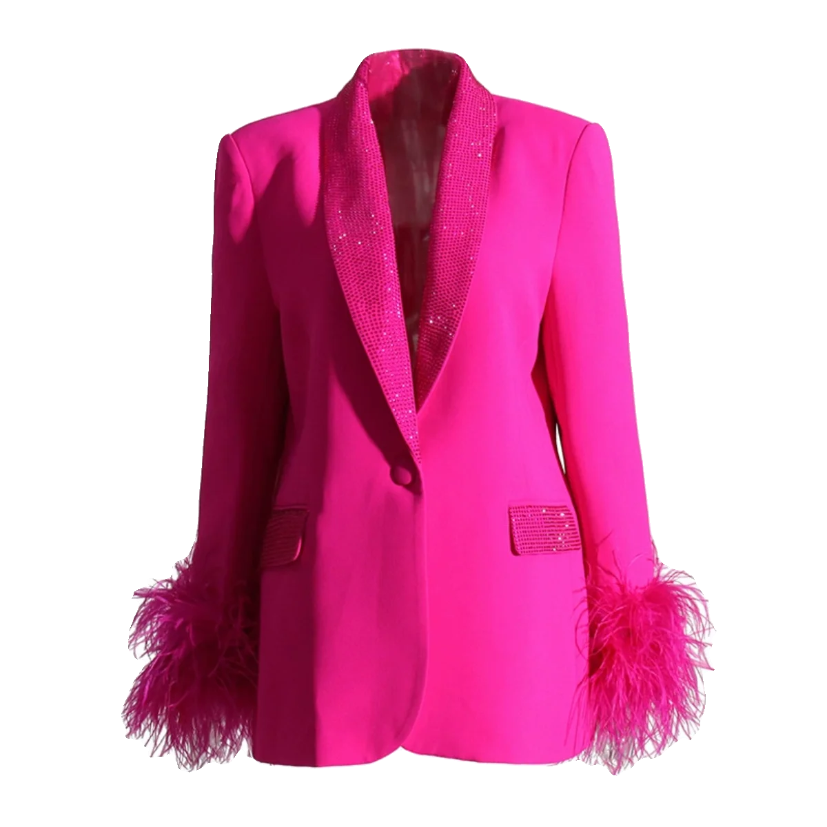 

Женский пиджак с вышивкой и страусиными перьями, цвета маджента, оригинальный дизайн, длинный рукав, средней длины