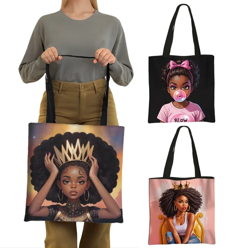 Black Women with Crown Print Women Handbag Afro Ladies Shoulder Bags Teenager Girls Tote Bag Reuseable Shopping Bag