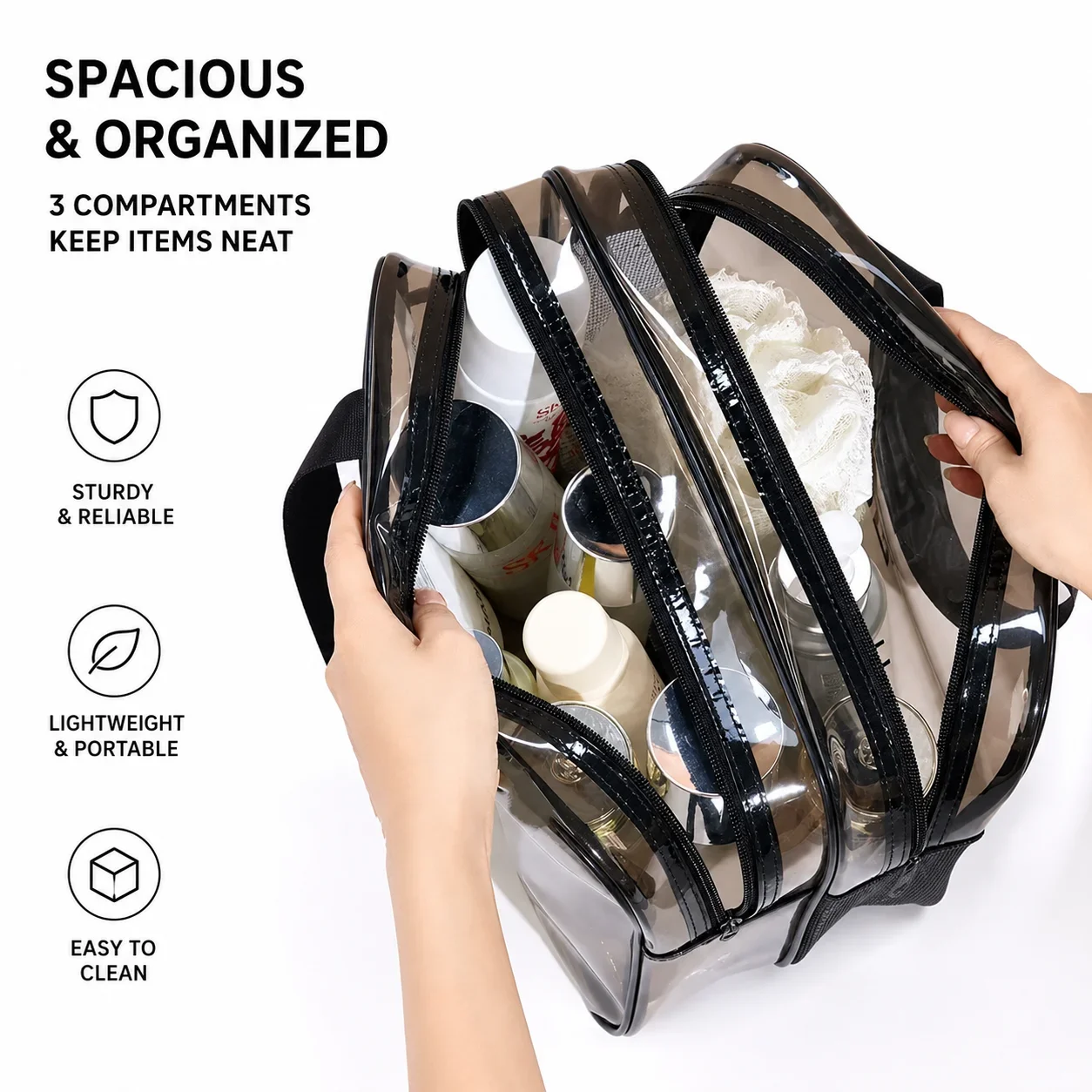 Transparent Cosmetic Bag Double Compartment Travel Toiletry Organizer PVC Makeup Storage Case with Carry Handles and Two Zippers