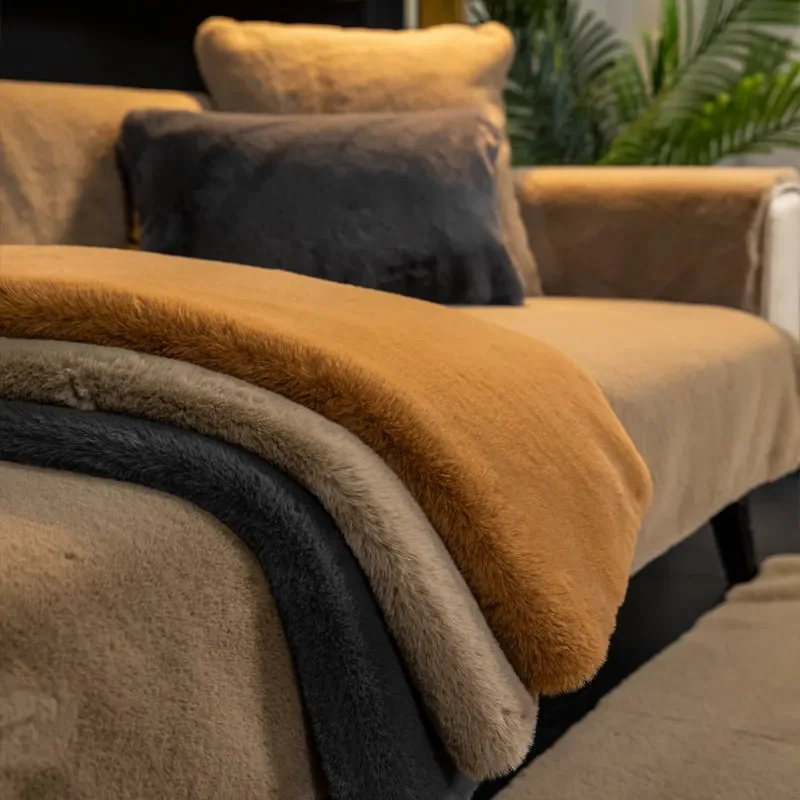 Imitation Rabbit Plush Sofa Cushion Winter Plush Thick Plush Sofa Cover Non-slip Mat Warm Wear-resistant Living Room Decoration