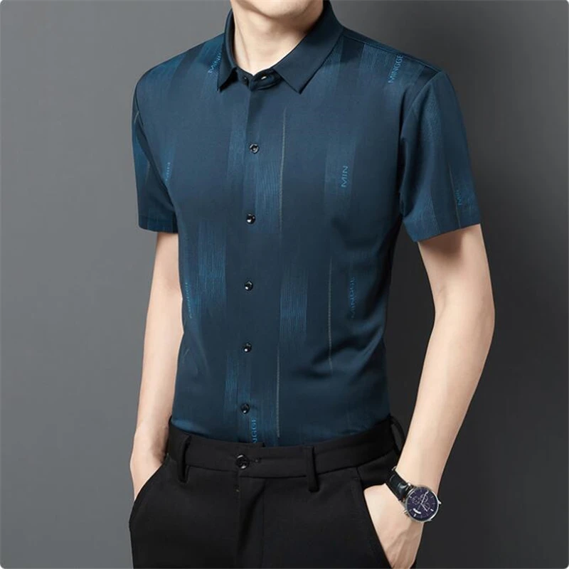 

Vintage Casual Stripe Print High-End Slim Short Sleeve Shirt Men Summer New Quality Smooth Skin-Friendly Luxury Camisa Masculina