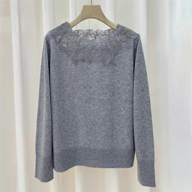 

Women's sweater New elastic knitted slim fit long sleeved top for autumn 2025 Lace patchwork pullover y2k One necked Knitwear