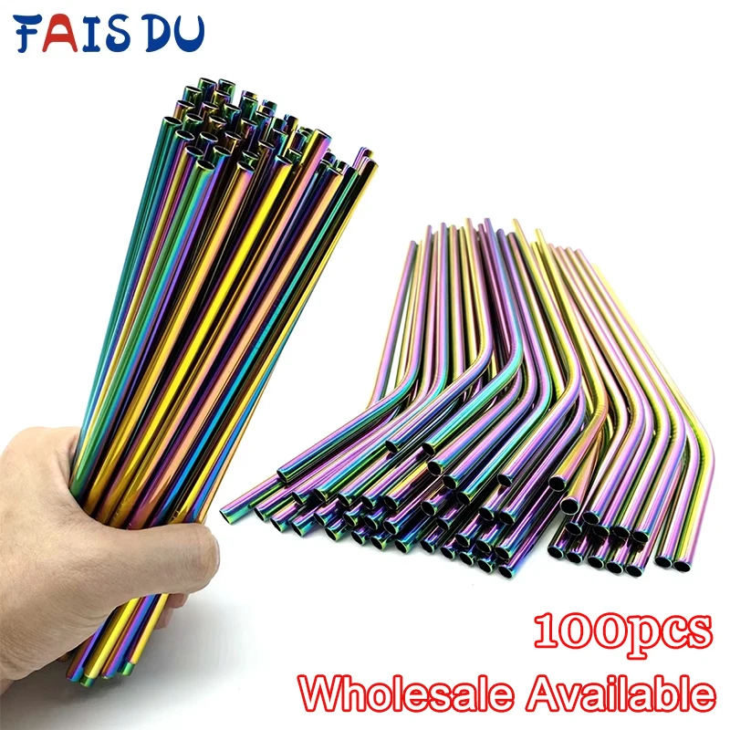 100pcs Reusable Stainless Steel Metal Straws Colorful and Environmentally Friendly Bar Party Beverage Straws Can be Wholesale