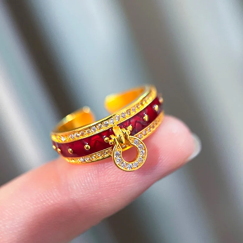 Luxury 9999 24K Real Gold Drum Pattern Enamel Ring with Drum Elements Niche Internet Celebrity Style High-end and Exquisite Ring