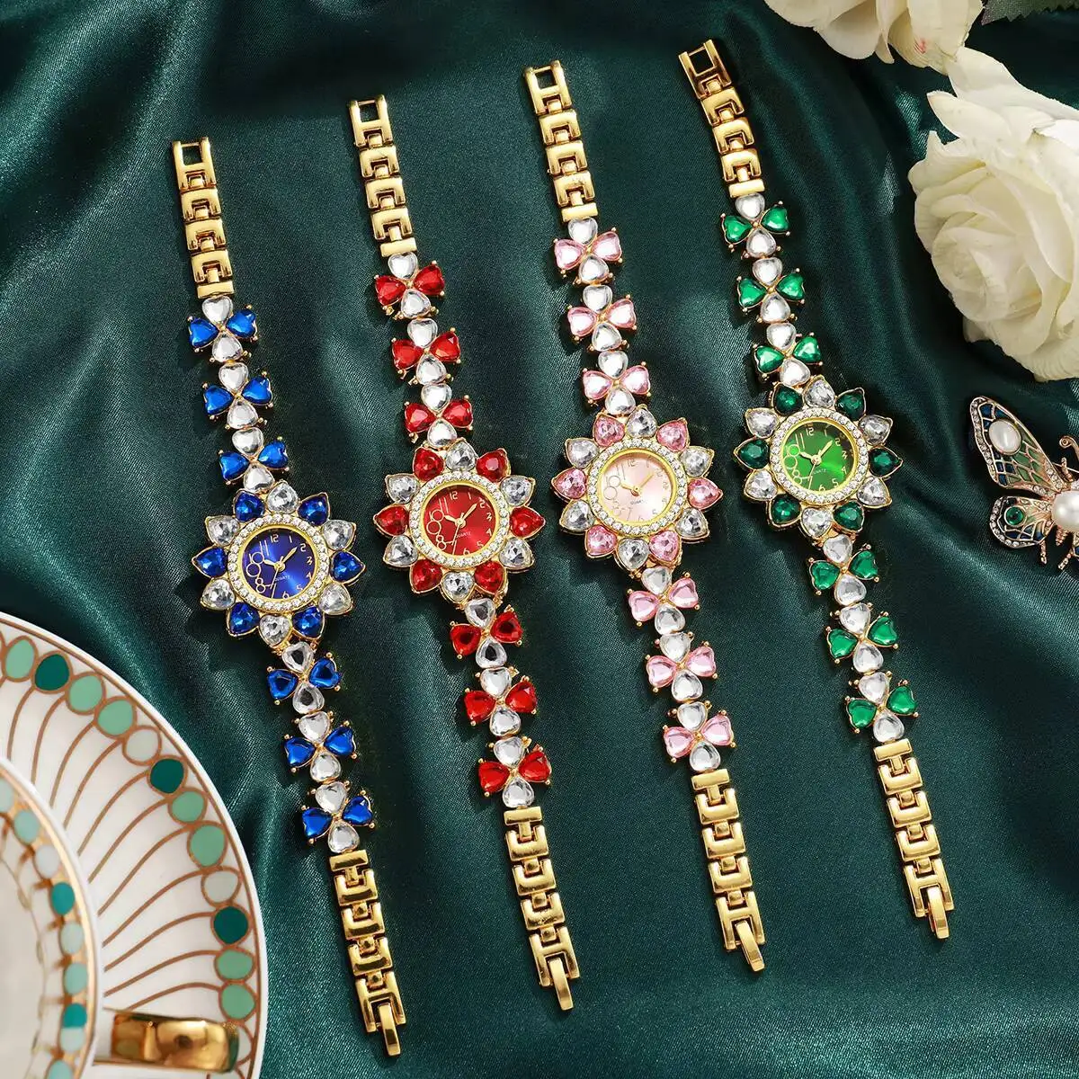 Роскошные женские часы со стразами, модный браслет с цветочным циферблатом и ремешком, кварцевые часы для женщин, Reloj Mujer (без коробки)