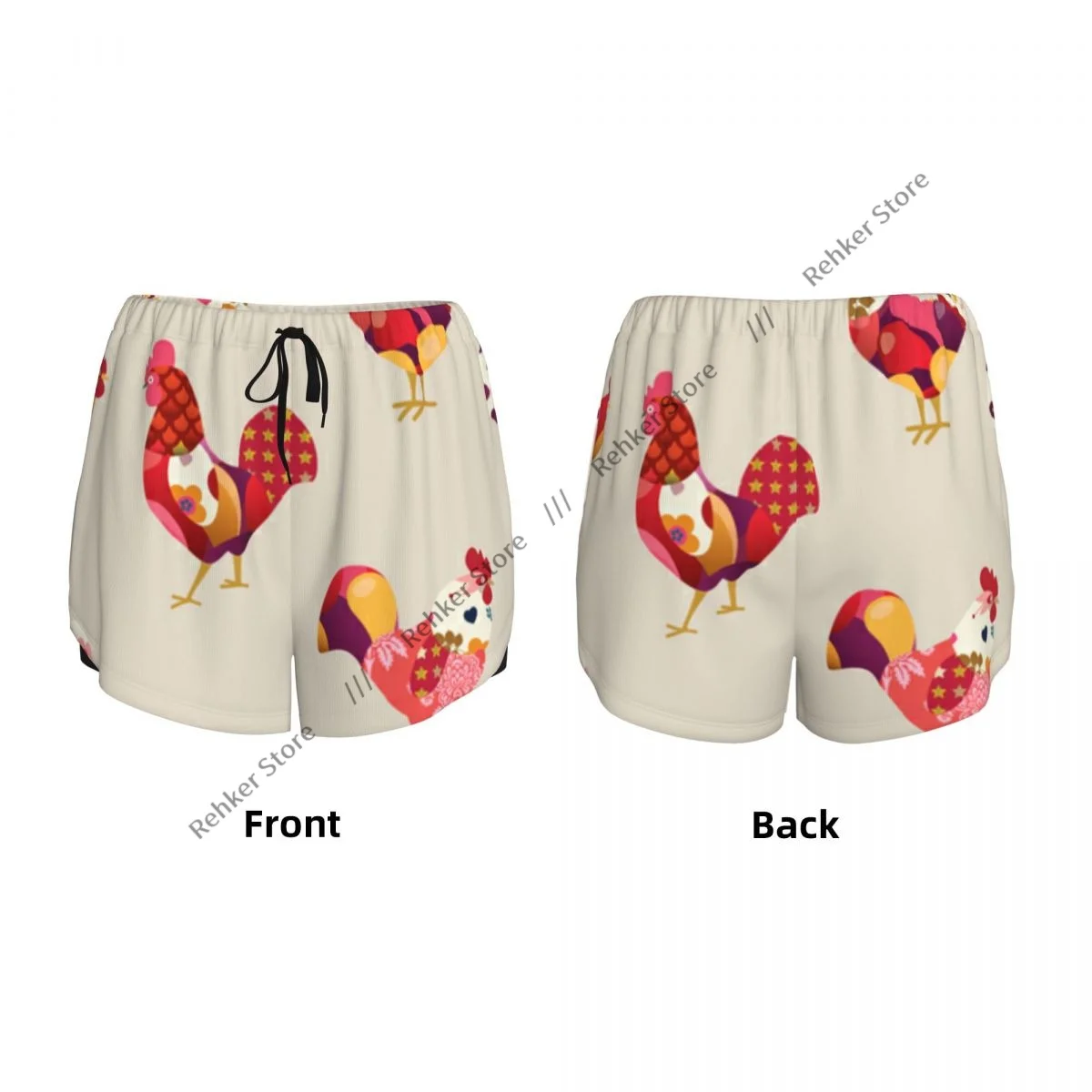 Kolorowe szorty sportowe damskie z podwójną warstwą, szybkoschnące, z symbolem kogucia, do biegania, fitnessu, treningu i rekreacji na świeżym powietrzu.