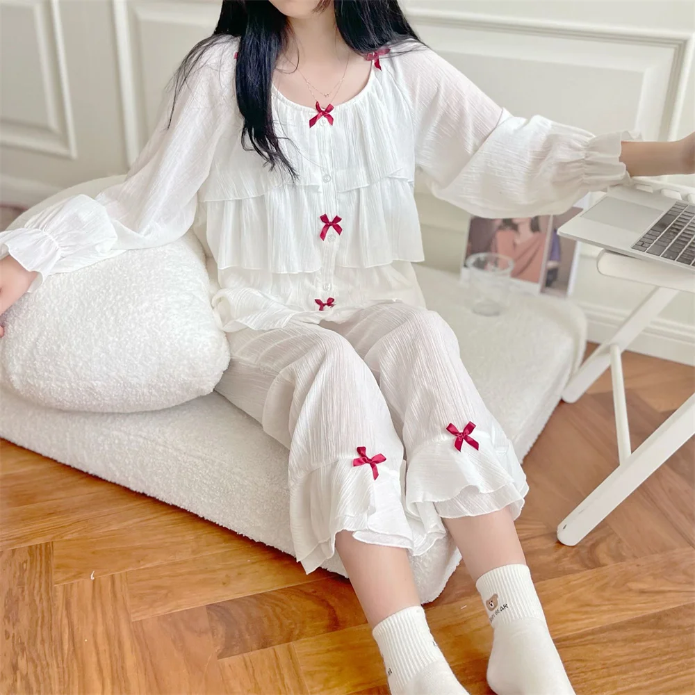 Swee Cute Cotton Pajamas Set Sleepwear Women Retro Palace Style Princess Pijamas Suit Loose White Ruffle Home Wear Loungewear