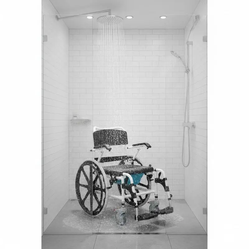 Bath Chair 17.5in Width Aluminum Alloy For Indoor Showering Personal Hygiene Toilet Assistance, Adjustable Rolling Commode Chair Brake Design Disabled Adults 300 lbs Capacity Mobile Transport Seat