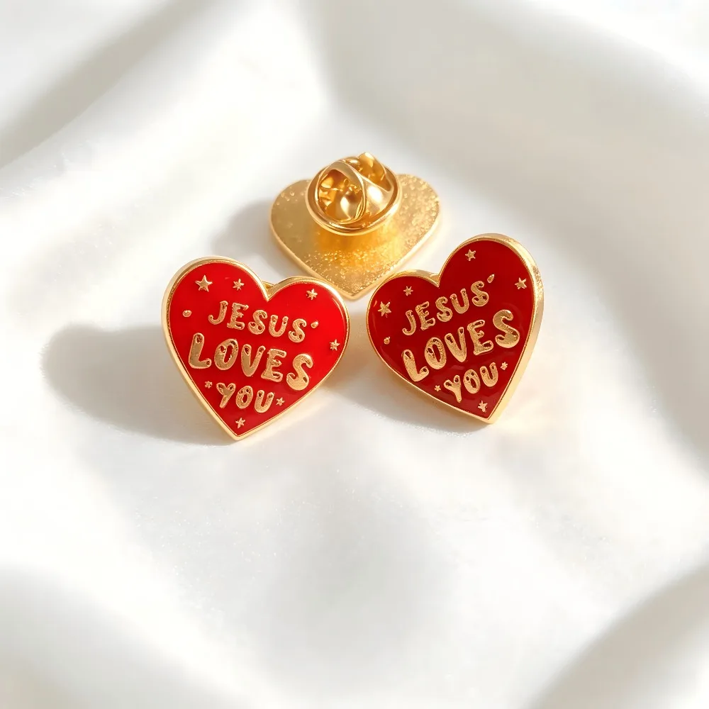 3-24Pcs Red Heart Jesus Loves You Brooch, Christian Religious Lapel Pin, Unisex Badge, Decor Pin for Hat, Clothes and Backpack