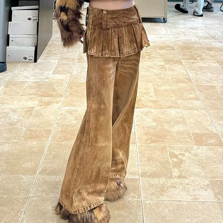 American Retro Removable Two-wear Culottes Women's Spring New Spice Girl Fake Two-piece Micro-speaker Floor-mopping Trousers