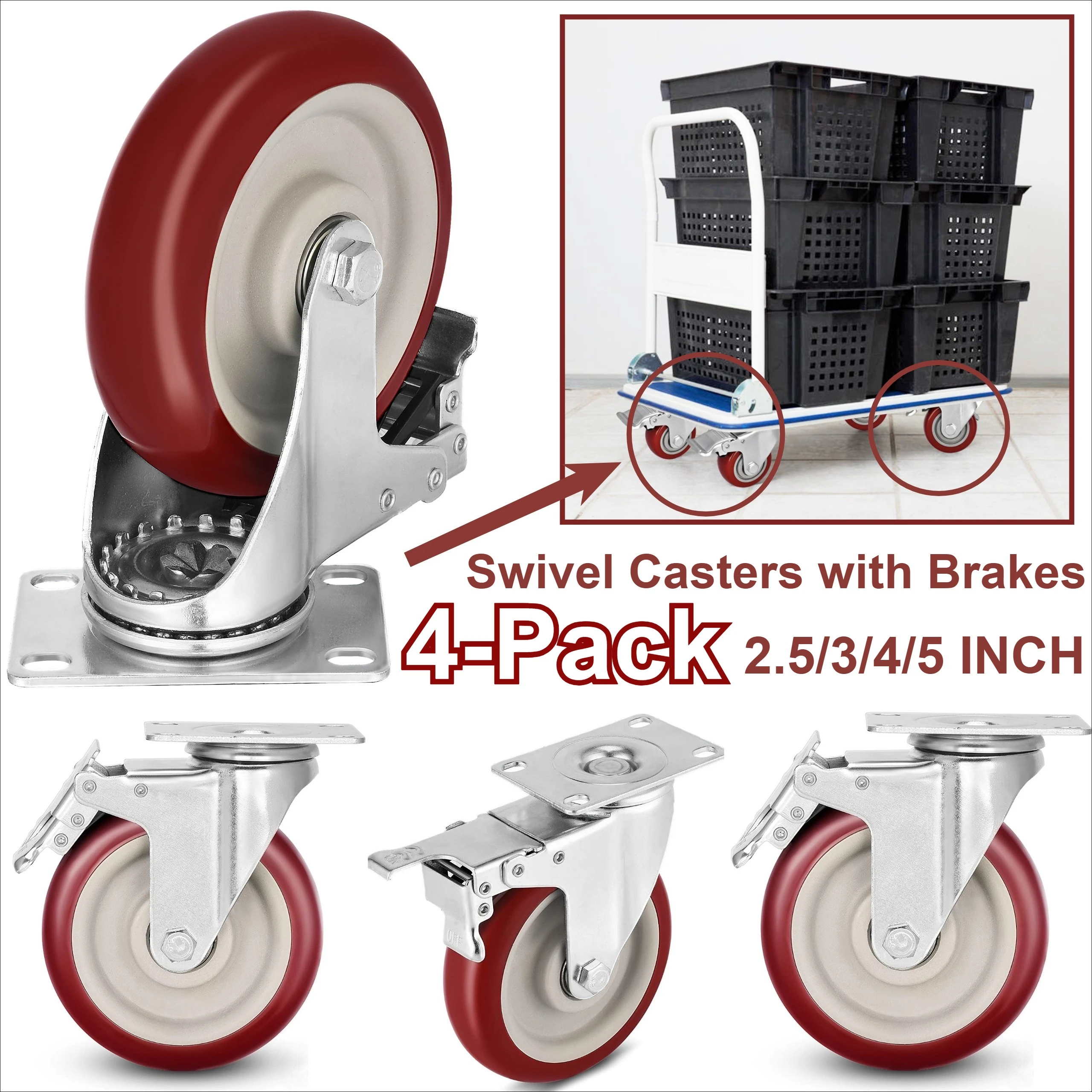 

4-Pack 2.5/3/4/5 Inch Heavy Duty PP & Iron Swivel Casters with Brakes Single Wheel Load 70-100kg for Furniture and Workbench