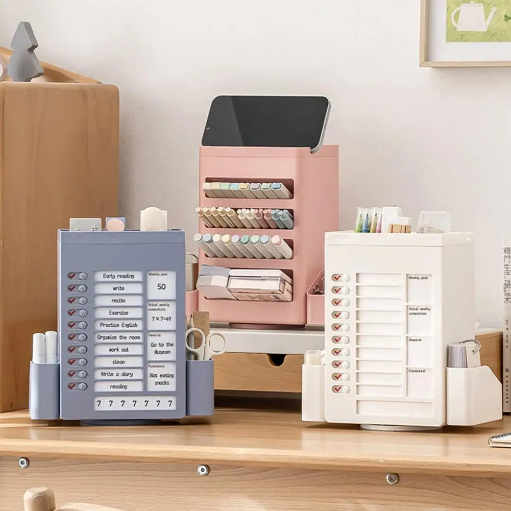 Pen Container 360-degree Rotatable Kids Pen Holder Desk Organizer with Chore Chart Checklist Task Board Capacity Pencil for Use