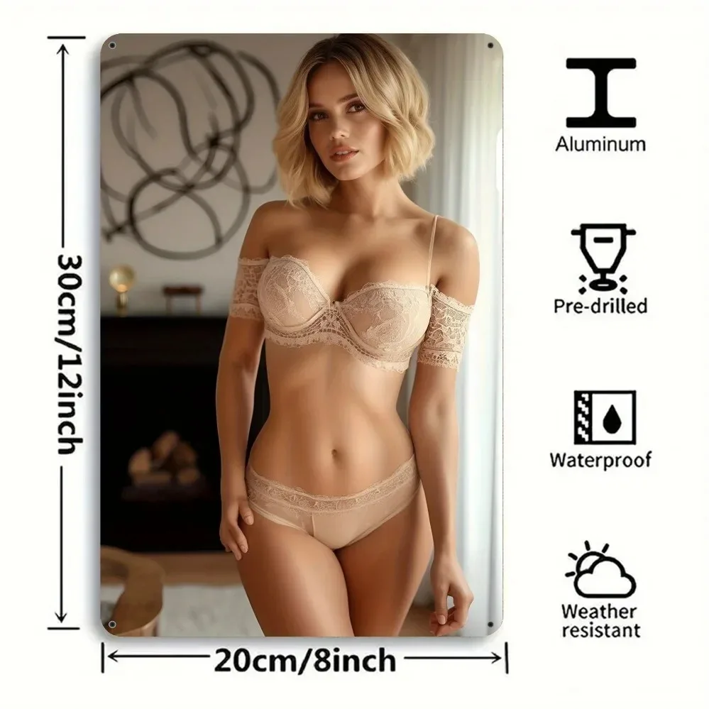 RetroVibe Vintage Metal Wall Art 8x12 Inch - Durable Easy Hanging Blonde Bikini Decor for Home Kitchen Bar Bedroom Garden