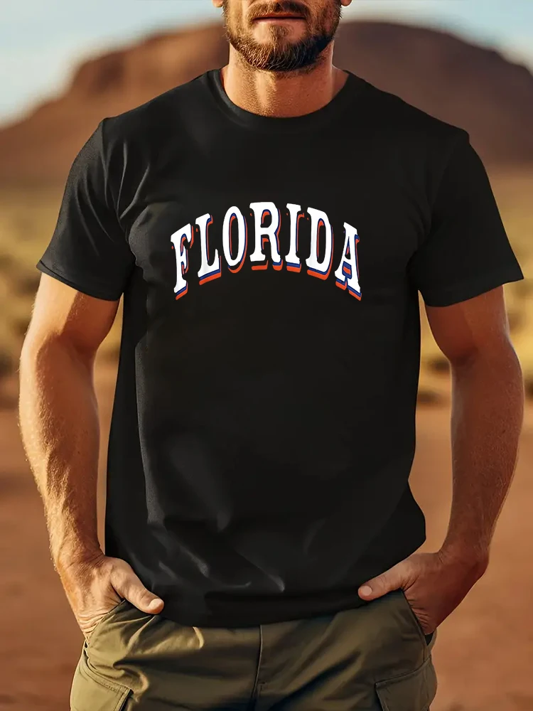 Florida FL United States Font Men's T-shirt Short Sleeve Tees Loose T-shirt Man Tops New Men T shirt Cotton Print Tee