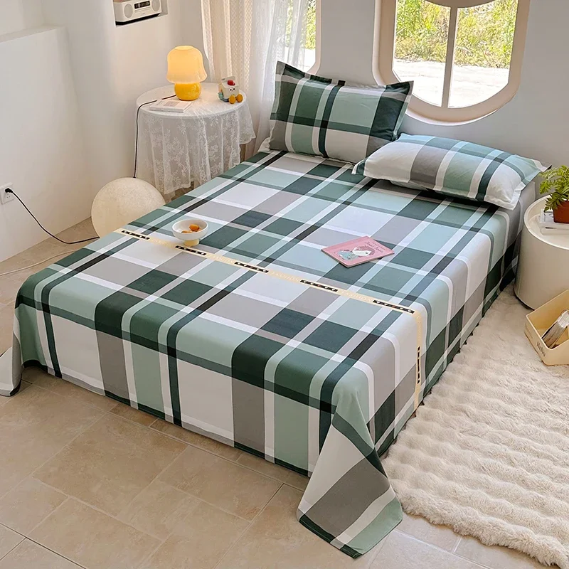 Green Plaid Cotton Thickened Bed Sheet Set Simple Stripe Design Bedding with Pillowcase Boys Girls Bedroom Decoration Bed Covers